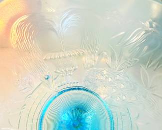 Lot #355 Rare “Peacock at the Fountain” Opalescent Blue Glass Compote – Scalloped Pedestal Dish