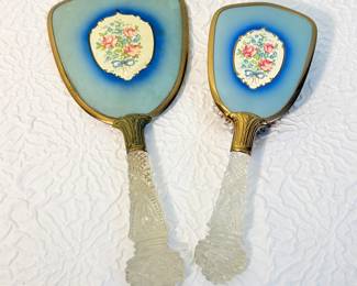 Lot #65 Vintage Vanity Hand Mirror Pair – Floral Medallion Design with Carved Lucite Handles