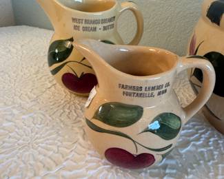 Lot #368 Vintage Stoneware Pottery Collection – Cherry Pattern, Advertising Creamers & Hand-Painted Crock