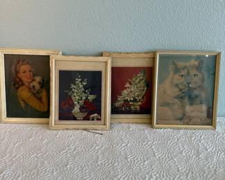 Lot #381 Vintage Framed Art Prints – Floral Still Life, Girl with Dog & Cat Portrait – Retro Wall Décor