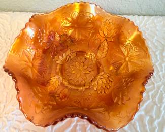 Lot #357 Marigold Carnival Glass “Holly” Pattern Bowl & Vase – Iridescent Ruffled Glass