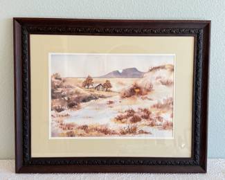 Lot #446 Original Watercolor Landscape by V. Clayton – Framed Western Desert Scene on Paper