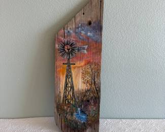 Lot #452 Original Acrylic Painting on Wood – Rustic Windmill Landscape with Textured Board Surface