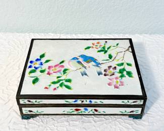 Lot #66 Vintage Enamel Decorative Box – Hand-Painted Floral & Bird Motif, Hinged Lid