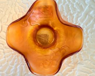 Lot #358 Fenton Marigold Carnival Glass Basketweave Open-Edge Bowl & Ruffled Bowl – Vintage Iridescent Glass Pair