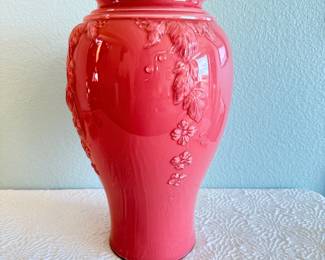 Lot #377 Tall Pink Embossed Ceramic Vase – 12” Floral Relief Decorative Pottery