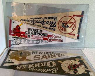 Lot #26 Vintage Sports Pennant Trio – 1985 Cardinals World Champions, Yankees, Saints, Baltimore Orioles