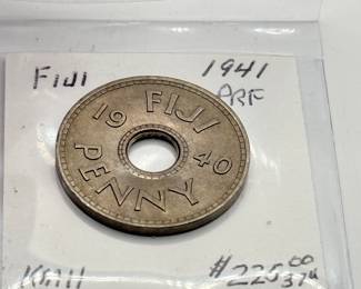 Lot #168 1940 Fiji Penny Coin – King George VI Holed Coin – British Colonial Pacific Currency – WWII-Era Collectible