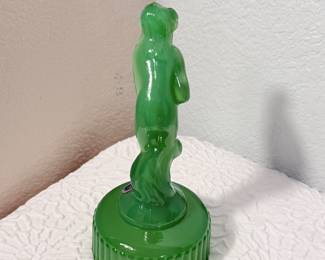 Lot #57 Art Deco “Bashful Charlotte” Green Glass Flower Frog by Imperial Glass – Figural Design apx 6" Tall