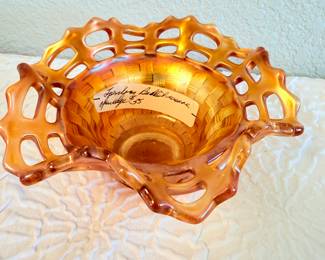 Lot #358 Fenton Marigold Carnival Glass Basketweave Open-Edge Bowl & Ruffled Bowl – Vintage Iridescent Glass Pair