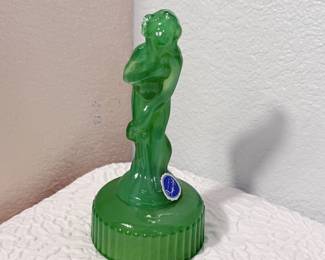 Lot #57 Art Deco “Bashful Charlotte” Green Glass Flower Frog by Imperial Glass – Figural Design apx 6" Tall