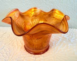 Lot #357 Marigold Carnival Glass “Holly” Pattern Bowl & Vase – Iridescent Ruffled Glass