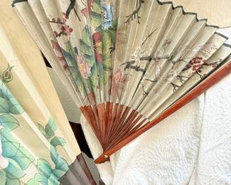 Lot #374 Large Hand-Painted Asian Wall Fan – Birds, Bamboo & Peonies – Decorative Folding Fan Art