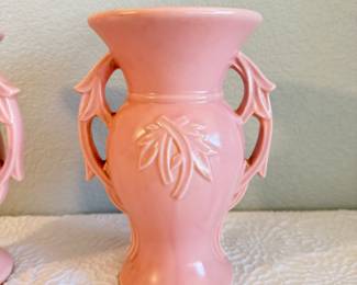 Lot #51 Vintage McCoy Pottery Pink Vase Pair – Art Deco Floral Handle Vases