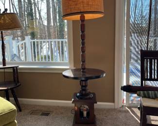 Table Lamp 1970's, lights work, plug into wall, candle on bottom flickers and may need a new bulb. Square base 10"x10", table H 23", full H 63", table diameter 18"