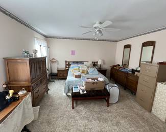 1970s bedroom set. Thomasville. Tall Dresser 55.5"H, 41"W, 20"D. Nightstands (2) 25"H, 24"W, 17"D. Headboard - King 42"H, 80"W. Long Dresser 32"H, 76.5"W, 21"D. Mirrors (2) 48"H, 18.5"W