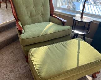 Large Chair & Ottoman, recently reupholstered, scalloped edge. Chair 44"H, 40.5"W, 43"D, seat depth 24". Ottoman 16"H, 38"W, 22"D