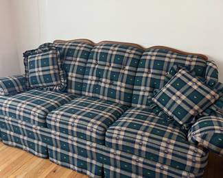 Cochrain Green Plaid Sofa Set, sofa, love seat, ottoman with storage. Sofa 39"H, 92"W, 35"D. Love seat 39"H, 69"W, 35"D. Ottoman 15.5"H, 40"W, 26"D