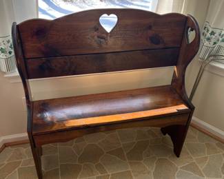 Heart bench, seat height 17", 38"H, 37.5"W, 11.5"D