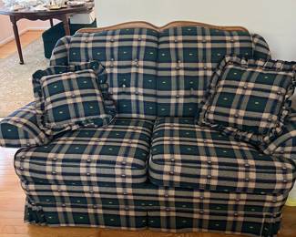 Cochrain Green Plaid Sofa Set, sofa, love seat, ottoman with storage. Sofa 39"H, 92"W, 35"D. Love seat 39"H, 69"W, 35"D. Ottoman 15.5"H, 40"W, 26"D