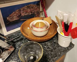 Vintage Wooden Bowl, Ribbed Pyrex bowl & Citrus Juicers  & cream colered red rimmed ceramic Nesting Bowls