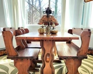 Custom built charming but sturdy Pine Table, bench, & 2 chairs