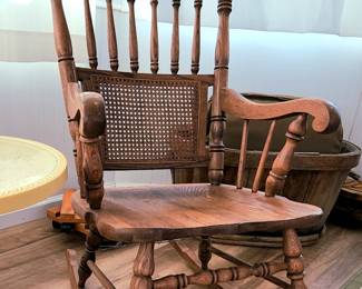 Antique turned spindle with caning inset back beautiful oak Rocking chair just in time for grandbabies!