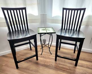 2 of 4 black painted mid-height barstools & Dragonfly Tile plant stand table