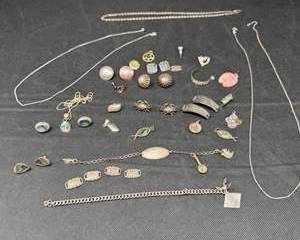 Lot 184  STERLING SILVER Jewelry Lot  Necklaces, Pendants, Earrings, Charms, Pins  Scrap Silver Approx. 88g Total Weight