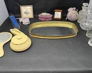 Lot 129  Vintage Vanity  Dresser Accessories Lot  Ivory Pyralin Powder Jar, Hand Mirror, Gold Mirror Tray  Crystal Perfume