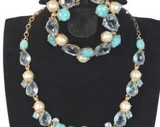 Vintage Schiaparelli Aqua and Ice Blue Tones Sparkly Necklace and Bracelet Set

