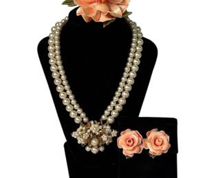 Double Strand Faux Pearl/ Crystal Ornate Choker Necklace * Plastic Pink Clip on Earrings / Brooch
