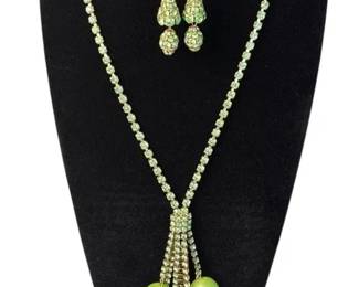 Vintage Sparkling Green Rhinestone Beaded Necklace and Clip on Earring Set
