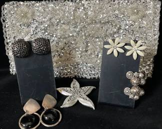 Silver Beaded Clutch With 4 Pair Clip Earrings & Pin
