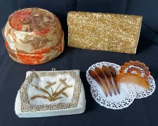Two Vintage Beaded Clutch purses * Vintage Hair Combs * Vintage Hat*
