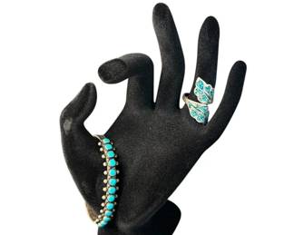 Sterling Silver * Turquoise Southwest Style Cuff Bracelet * Sterling Silver Ring 7 * 16.35g Total Wt
