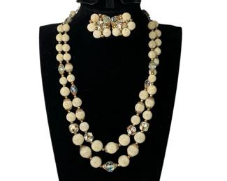 Vintage Cream Color Frosted Beads * Crystals Necklace * Clip on Earrings Set
