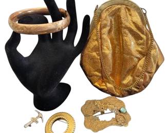 1/10 GOLD SHELL Bangle Bracelet * Vintage Pins * Vintage Gold Purse
