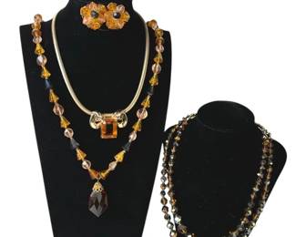 Amber Tone Vintage Beaded Necklaces * Clip on Earrings * Coro * Germany * Glass * Plastic
