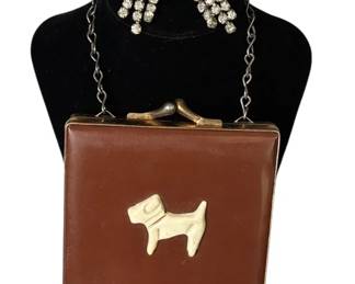 Cute Vintage Scotty Dog Small Vinyl Evening Bag * Czechoslav Crystal Screw back Earrings
