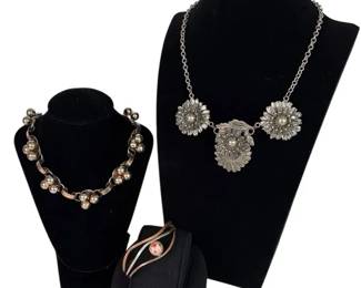 2 Vintage Silvertone / Copper Tone Necklaces * Cuff Bracelet Newer with Copper Pieces
