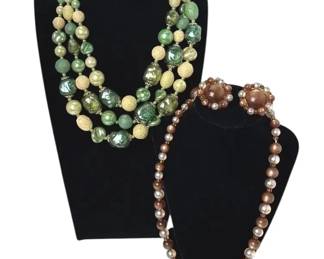 Green Tones Vintage Bead Necklace / Clip on Earrings Set * Brown Tone Necklace/ Clip On Earrings Set
