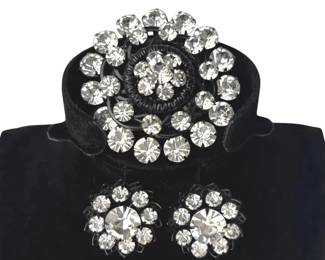 Vintage Dramatic Clear Crystal / Black Metal Round Brooch * Clip on Earrings Set
