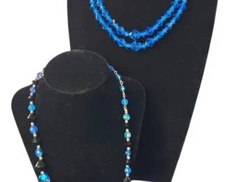 Vintage Crystal Blue Shades Necklaces * Clip on Earrings Set
