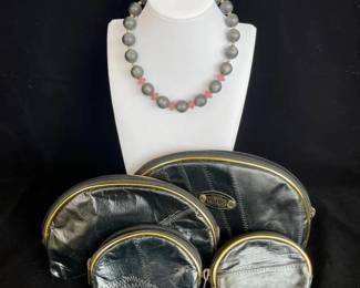 Vintage Necklace & Clip Earring Set * Original Paris Cosmetic /Coin Bags
