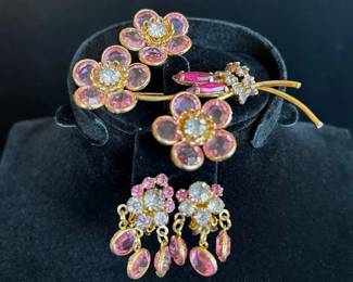 Pink and Magenta Vintage Crystal Brooch and Clip On Earrings
