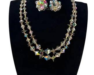 Vintage Iridescent Glass Beads Necklace * Clip on Earrings Set
