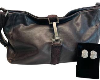 Cole Haan Brown Leather Purse With Swarovski Crystal Earrings
