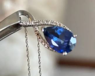 925 Sterling Silver * Tested Sapphire / Diamond Chip Pendant Necklace 2.83g Total Wt
