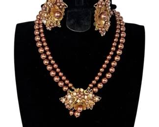 Miriam Haskell Vintage Brown Beaded /Crystal Gold Tone Clip on Earrings and Necklace Set
